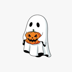 Cartoon ghost holding a carved pumpkin, isolated on a white background.