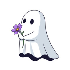 A cute cartoon ghost holding a purple flower with a green stem, isolated on white.