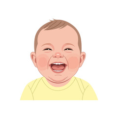 A cheerful baby with a wide, open mouth, smiling broadly.