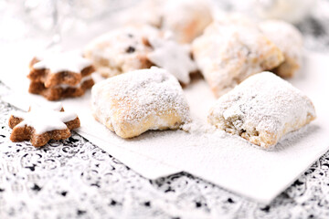 Christmas cookies on bright background. Soft focus. Close up.	