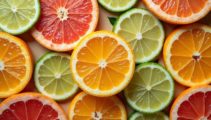 Fototapeta premium Diverse Citrus Slices: Fresh Composition of Colors & Water Droplets