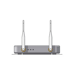 Gray wireless router with two antennas, simple flat design.