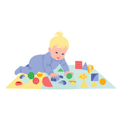 A cheerful baby playing with colorful geometric shapes on a mat.