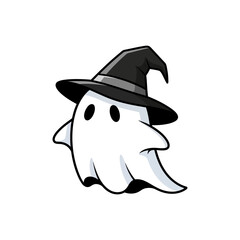 Cartoon ghost wearing a witch's hat, simple design, isolated on white background.