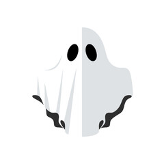 A stylized ghost illustration, split down the middle, showing a contrasting light and dark shade.