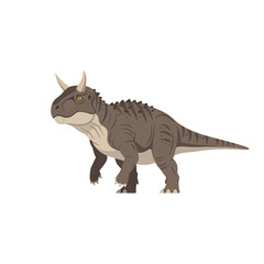Cartoon illustration of a prehistoric horned dinosaur, posed in a walking stance.