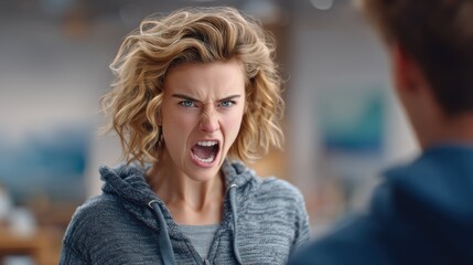 Furious young woman with wavy blonde hair in intense expression