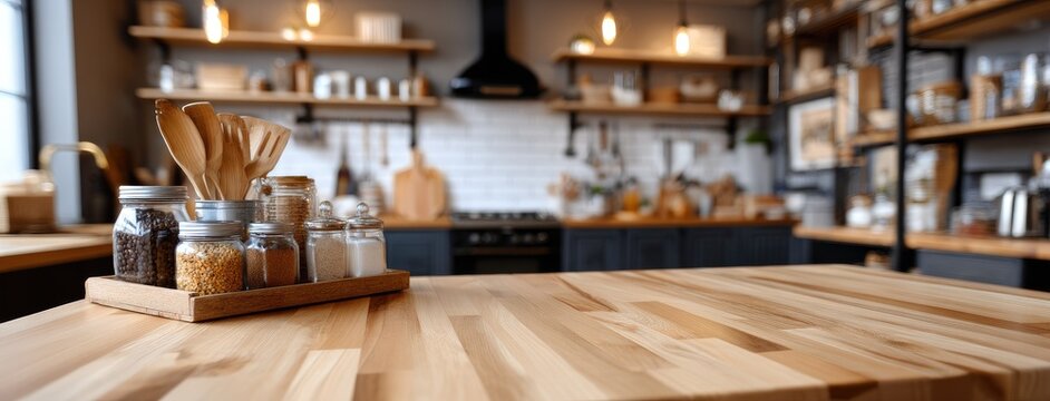 Beautiful wooden table top for product display in a bright kitchen setting with vibrant herbs and spices in modern glass containers