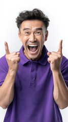 Cheerful asian man in vibrant purple polo shirt