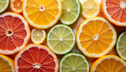 Vibrant citrus slices in a colorful, fresh fruit display