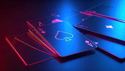 Stacked playing cards, vibrant neon light