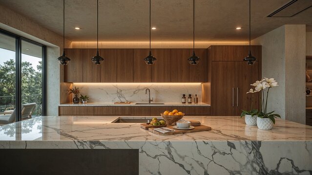 Modern kitchen with a large marble island.