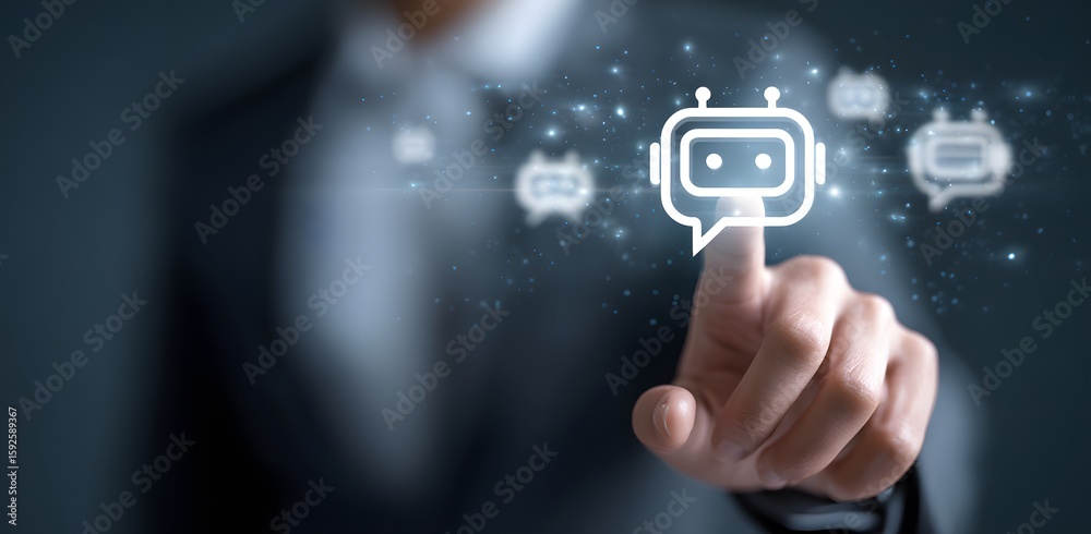 Fototapete A person touching a chatbot icon with other icons and sparkles in the background on a dark background