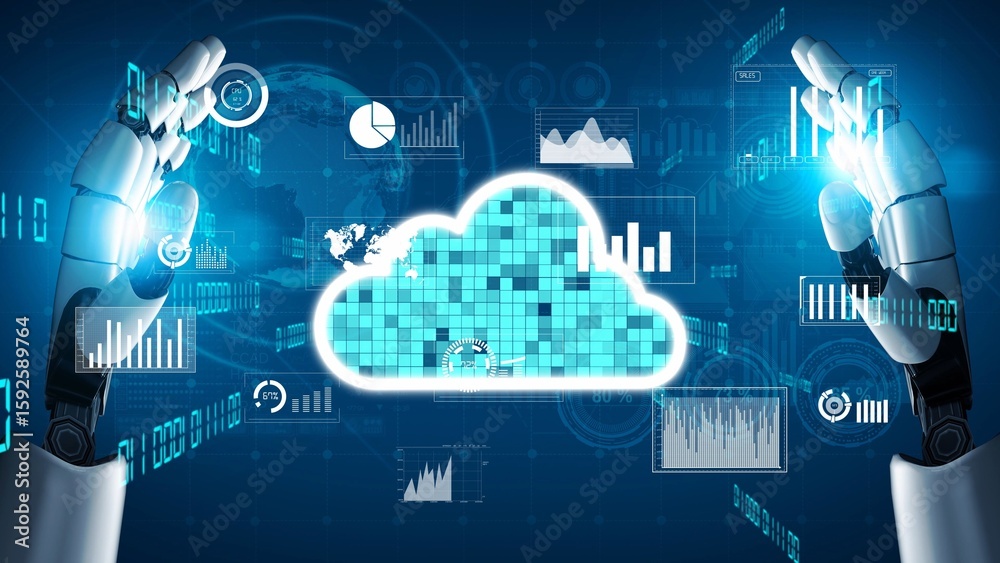 Poster this image features a pair of robotic hands engaging with a cloud interface surrounded by various da