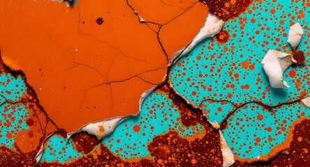 Abstract art with a cracked surface revealing layers of orange brown and turquoise colors with flecks and textural details