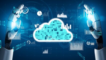This image features a pair of robotic hands engaging with a cloud interface surrounded by various...