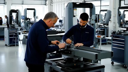 Two factory workers in workwear intently adjust industrial machinery, marking measurements with precision. Mechanics collaborate on machine. Industrial engineers in coveralls fine-tune production