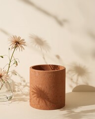 Earthy Clay Cylinder with Floral Accent and Shadow Play, A Minimalist Composition in Warm Tones