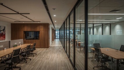 Modern office space with a communal work area.