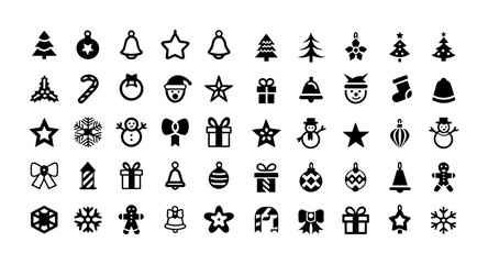 Holiday Silhouette Vector Set – Black Silhouettes of Christmas Tree, Snowman, Gift Box, Bell, and Star for Festive, Winter, and Seasonal Design

