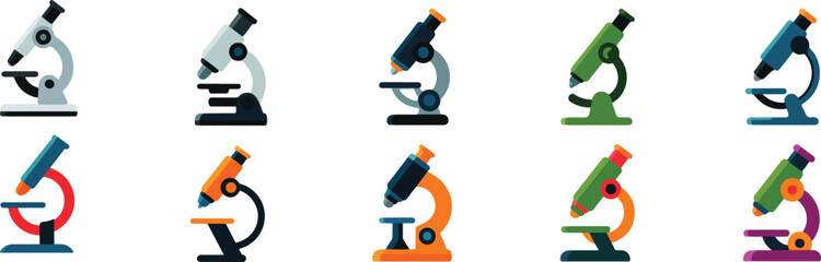 Various colorful microscopes displayed in a grid science laboratory vector bundle collection set pack template elements icons clipart illustration editable flat minimal modern banner poster png eps pn