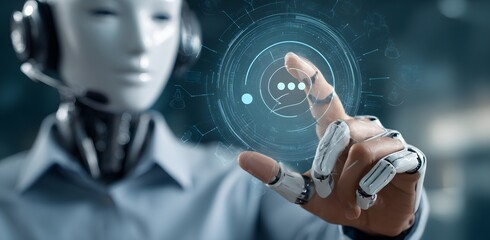 A humanoid robot wearing a headset interacts with a digital interface with a chat bubble icon