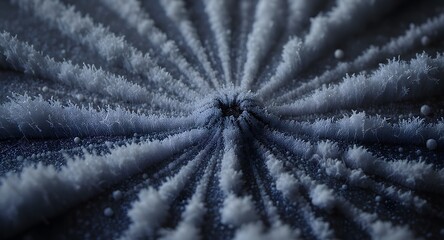 Abstract crystalline formation in shades of white and blue radiating from a central dark point. The image features textural details with focus on intricate patterns and light play.