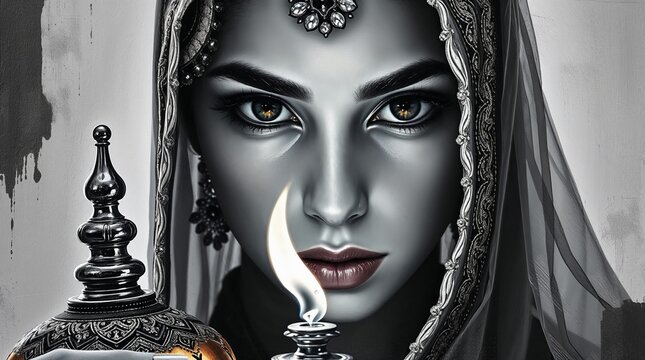 Black and white portrait of Yasmin holding a magic lamp with a mysterious expression against a blank background [with copy space] &ndash; illustration for "Aladdin and the Magic Lamp"