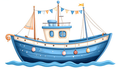 Blue and White Cartoon Fishing Boat Illustration