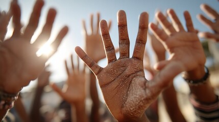 Many hands reaching up