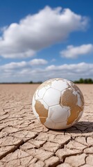 Cracked earth reveals the impact of climate change with a stone-like sphere representing Earth in a desolate desert landscape