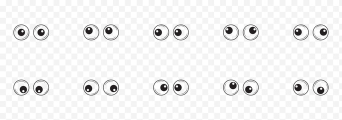 A set of plastic toy eyes. Glossy, bulging, puppet eyes. Cute, round, vector, isolated elements. Look down, up, left, right. Different, shaking, silly, hilarious pairs of eyeballs. Vector illustration