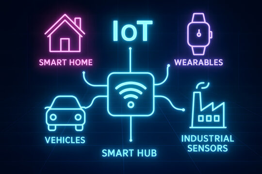 IoT Ecosystem Infographic with Connected Devices Network for Smart Technology Guides