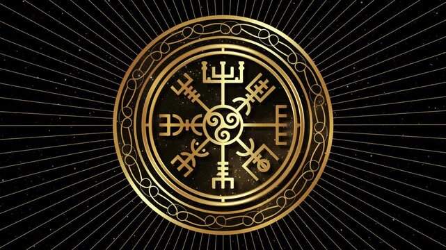 Vegvisir Pagan Compass. Gold Circle Asatru Viking in motion. Triskele, Norse Mythology Golden Protective talisman. Magical Navigator footage on the black galaxy space, radial background. Video looping