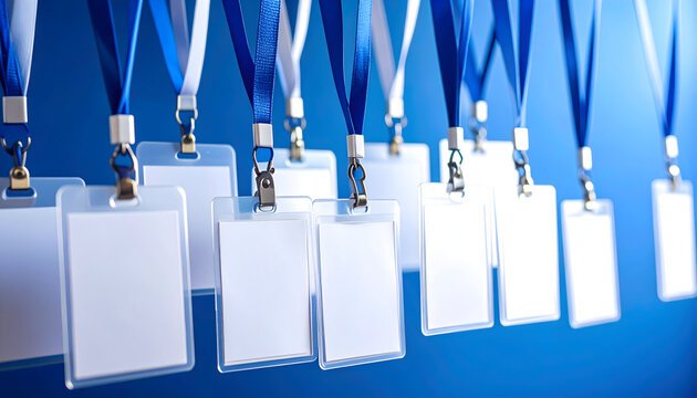 Blank White Identification Badges Hanging on Blue Strings