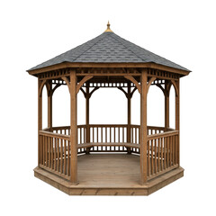 Fototapeta premium Wooden garden gazebo with shingle roof and benches a classic outdoor relaxation structure