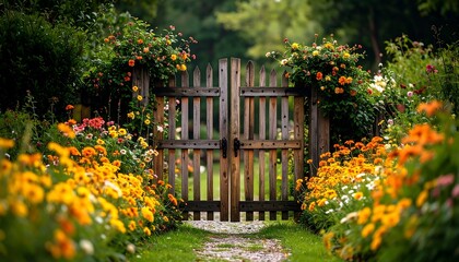 Obraz premium Garden gate with colorful flowers