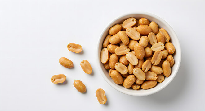 Peanut flips in a white ceramic bowl next to some peanut flips isolated on white. Top view.