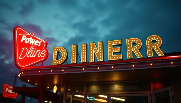 Vintage diner sign glows warmly against a twilight sky ambiance