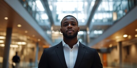 Fototapeta premium Professional man dressed for business, standing in modern building lobby.