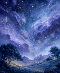 An immersive fantasy landscape featuring a star-filled sky, luminous moons, and painterly nebulae. Glowing treetops and distant castles enhance the serene, enchanted atmosphere with magical textures.