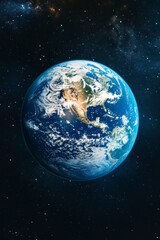 Planet Earth viewed from the cosmos showing continents and oceans under a starry night