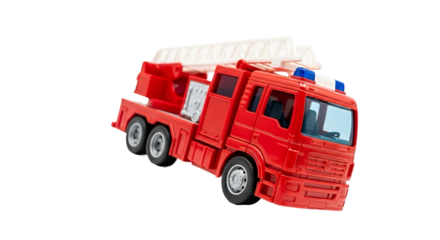 Red Toy Firetruck Sits on Transparent Background, Featuring Ladder and Wheels, Isolated