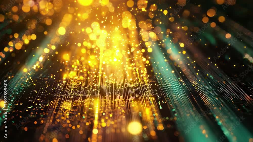 Poster bright golden particles create dynamic patterns against a dark background in a stunning abstract dis