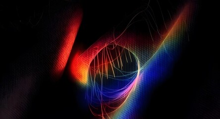 Abstract digital artwork featuring a vibrant spectrum of colors. Intricate patterns and light trails converge against a dark textured backdrop. Evocative of energy and movement.