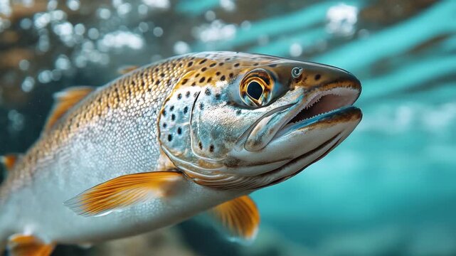 Brown trout swims gracefully through clear freshwater river with bubbles and rocks below