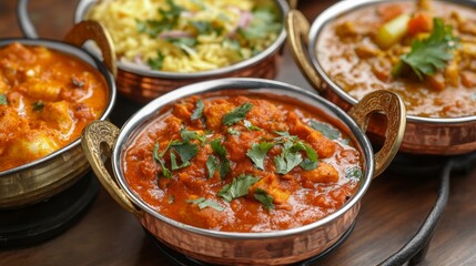 Close-up of several different curries, showcasing the variety and richness of Indian cuisine. Different types of food for diverse tastes.