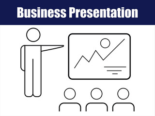 Minimal Business Presentation Icon with Audience and Chart. Stick figure presenter explaining graph to three seated listeners.