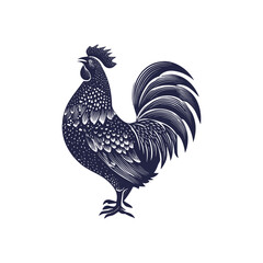 Detailed vector illustration of a majestic rooster with intricate feather patterns. Standing tall with pride, the illustration showcases the rooster's features. Engraved, stamp, woodcut vintage style.