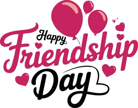 Happy friendship day text with pink balloons and hearts on a white background design card